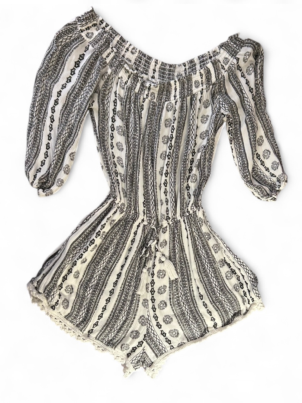 Abercrombie & Fitch Black & White Boho Off-The-Shoulder Beach Romper Sz Small